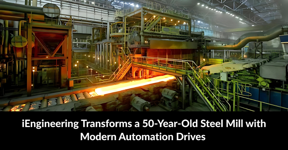 Interior of a modern steel mill with upgraded Siemens Sinamics drives and PLC systems, showing automated machinery, glowing furnaces, and workers ensuring efficient, reliable steel production.